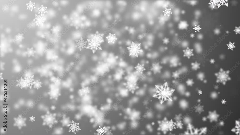 Poster falling white snowflakes and bokeh lights with light on grey background. 4k 3d loop christmas backgr