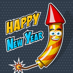 Fireworks rocket in comic cartoon style with lit fuse and Happy New Year text. Vector illustration on the background of the night starry sky