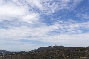 Hollywood sign as an american famous landmark. Aerial view of Hollywood Hills