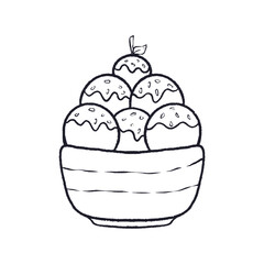 vector illustration of ice cream, bowl with 6 ice cream balls, children's coloring book drawing