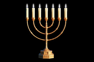 Ancient menorah on black ​background with lit candles. 3D Render
