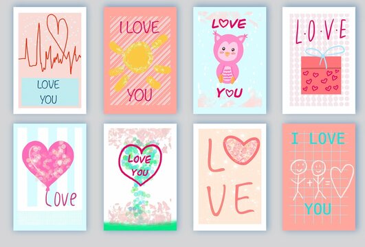 set of 8 valentine's day cards, in pastel colors minimalist style