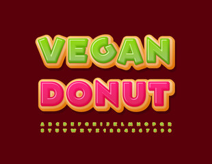 Vector creative sweet sign Vegan Donut. Tasty cake Font. Green icing Alphabet Letters and Numbers set