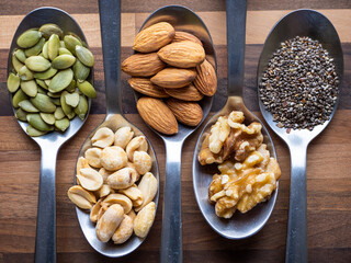 Several kinds of nuts on spoons.