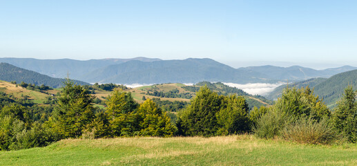 Panorama, Carpathian landscape with forest slopes, mountain ranges and peaks. Holidays in the mountains