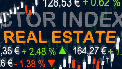Stock Market Real Estate Index. Trading screen with a sector index for Real Estate, quotes, charts and changes. Stock exchange concept, 3D illustration.