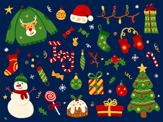 Christmas and New Year set of vector doodles. Festive elements for decoration, posters, postcards, stickers, stationery.