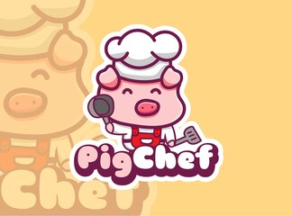 cute pig chef logo holding fan and spatula