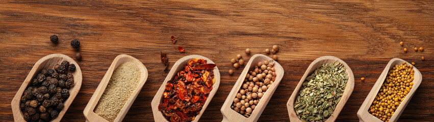 Various spices in wooden scoops on wooden background with copy space banner panoramic