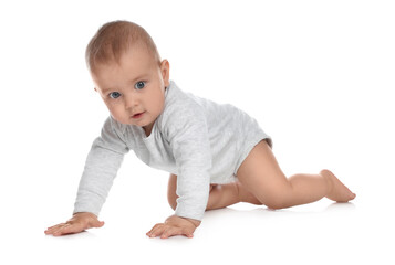 Cute little baby crawling on white background