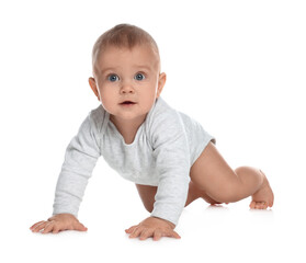 Cute little baby crawling on white background