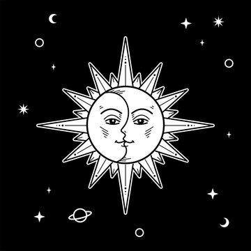 Astrology sun moon tarot card. Black and white sunny face. Design for tattoo, vector illustration, background.