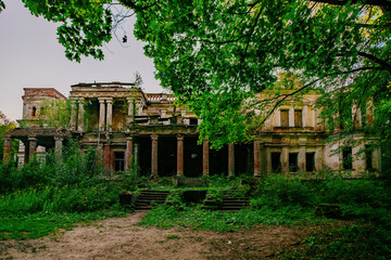 Old ruined overgrown abandoned mansion. Former manor Stepanovskoe-Pavlishchevo, Kaluga region