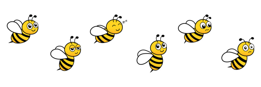 Cute bee with facial emotions. Bumblebees character set. Group cartoon happy bees. Vector illustration isolated on white