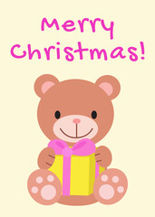Merry Christmas card. Cute cartoon Teddy bear with gift box. Illustration for cards, clothes, baby shower, textile and books. Children design and decor element. Positive funny print for Birthday