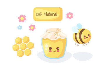 Cute Honey Jar character in cartoon kawaii style. Bee, honey, signboard, honeycomb and flowers set. Vector illustration isolated on white background. Use for card, t-shirt print, children poster.
