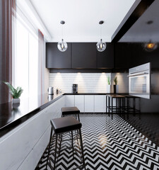 Fototapeta premium modern kitchen interior with round lamps and black furniture