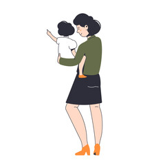 A woman with a child in her arms is walking on the street. Vector illustration of a family scene.