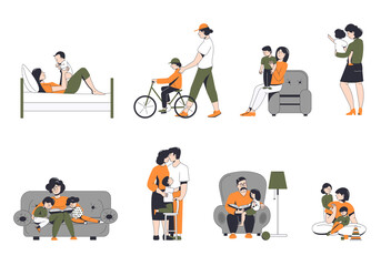 Parents spend leisure time with their children, play, read, walk on the street. The relationship between adults and children. Set of vector scenes of happy family.