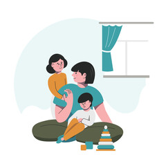 Mom and children play at home. Young woman spends leisure time with children. Parenting. Vector scene of family at home.