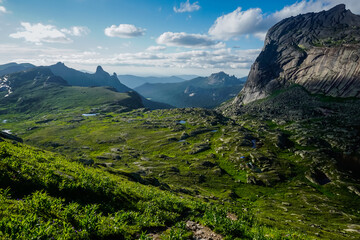 Beautiful valley and rocks at sunset in the Ergaki nature reserve