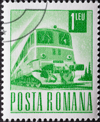 Romania - circa 1968: A post stamp printed in Romania showing a diesel-electric train