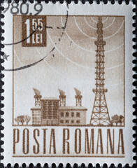 Romania - circa 1968: A post stamp printed in Romania showing a radio tower
