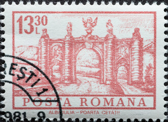 Romania - circa 1972: A post stamp printed in Romania showing the Alba Iulia - City Gate