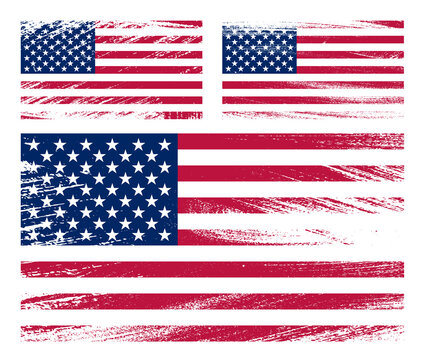set of American flag chalk scratch paint grunge textures on white background. Texture of old poster back with us flag. Vector