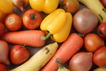 Variety red, yellow colored vegetables, fruits flat lay, knolling. For organic, prebiotics, reducing estrogen dominance, keto, paleo food, immune boosting, world food day with plant based sources.