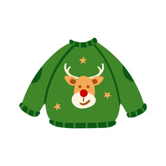 Doodle style Christmas sweater with a deer. Cute vector illustration for holiday decoration of cards, posters, concession products. Christmas and New Years element.