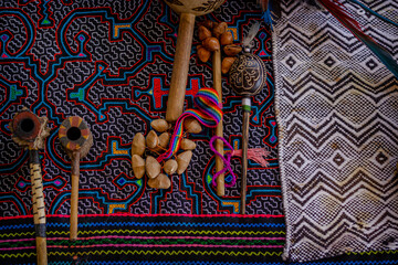 Sao Paulo, SP, Brazil - December 11 2021: Ceremony altar with shipibo fabric, florida water and...