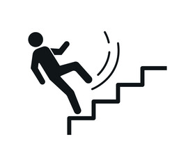 Slippery stairs warning. Stickman figure falling down the stairs. workplace safety and injury vector illustration.
