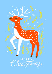 Christmas greeting card with cute deer on blue background