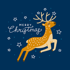 Obraz na płótnie Canvas Christmas greeting card with cute jumping deer on blue sky background