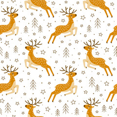 Seamless pattern with cute jumping deers and stars