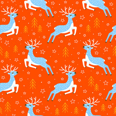 Seamless pattern with cute jumping deers and stars - happy background for Christmas design