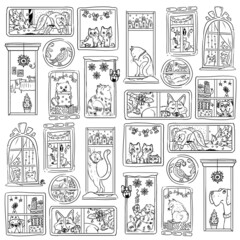 cats and dogs look out the windows, coloring, find the same