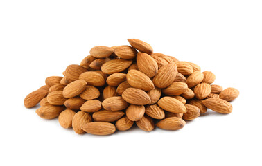 Pile of organic almond nuts on white background. Healthy snack