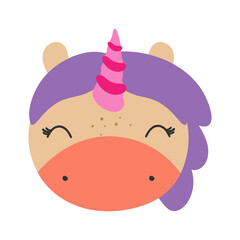 The face of a cute magic unicorn in cartoon style. Vector illustration on a white background . For kids stuff, card, posters, banners, avatars, icons, children books and print for clothes, t shirt.