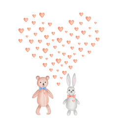 Watercolor hand painted illustration of cartoon toys brown teddy bear, grey bunny hare with hearts. Isolated on white design print for greeting card for Easter, birthday, love card for Valentine's Day