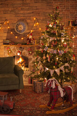 Cozy vintage style living room with a decorated christmas tree, armchair and fireplace