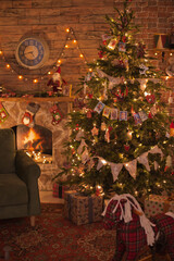 Cozy vintage style living room with a decorated christmas tree, armchair and fireplace