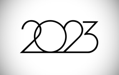 2023 A Happy New Year congrats. Classic thin logotype concept. Abstract isolated graphic design template. Digits in monochrome style. Vector mask idea with black and white colors. Creative decoration.