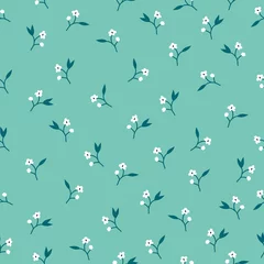 Fototapete Kleine Blumen Vintage-Muster. kleine weiße Blüten, dunkelblaue Blätter. helltürkisfarbener Hintergrund. Nahtlose Vektorvorlage für Design- und Modedrucke.