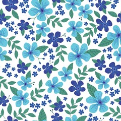 Vintage pattern. Wonderful blue flowers, green leaves. white background. Seamless vector template for design and fashion prints.