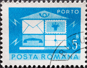 Romania - circa 1974: A post stamp printed in Romania showing a mailbox with letters and a...