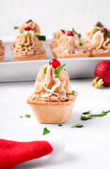 Christmas appetizer with seafood pate in tartlet garnished with pomegranate seeds and parsley on...