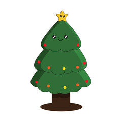 Cute Kawaii Christmas tree isolated on white, Vector Kawaii Christmas tree