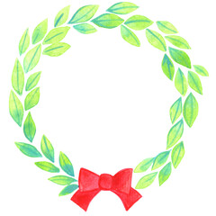 Green leaves and bow wreath watercolor for decoration on Christmas holiday event.